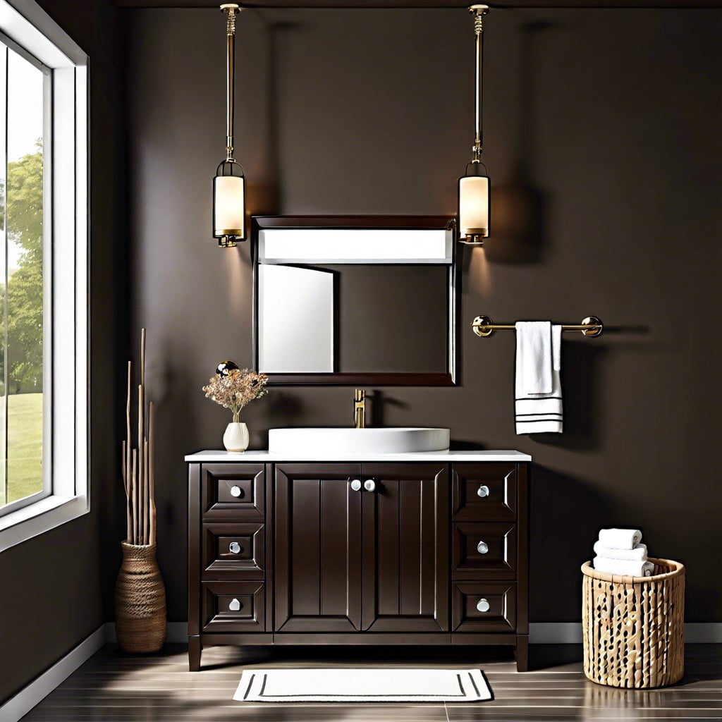 dark brown vanity with unique faucets