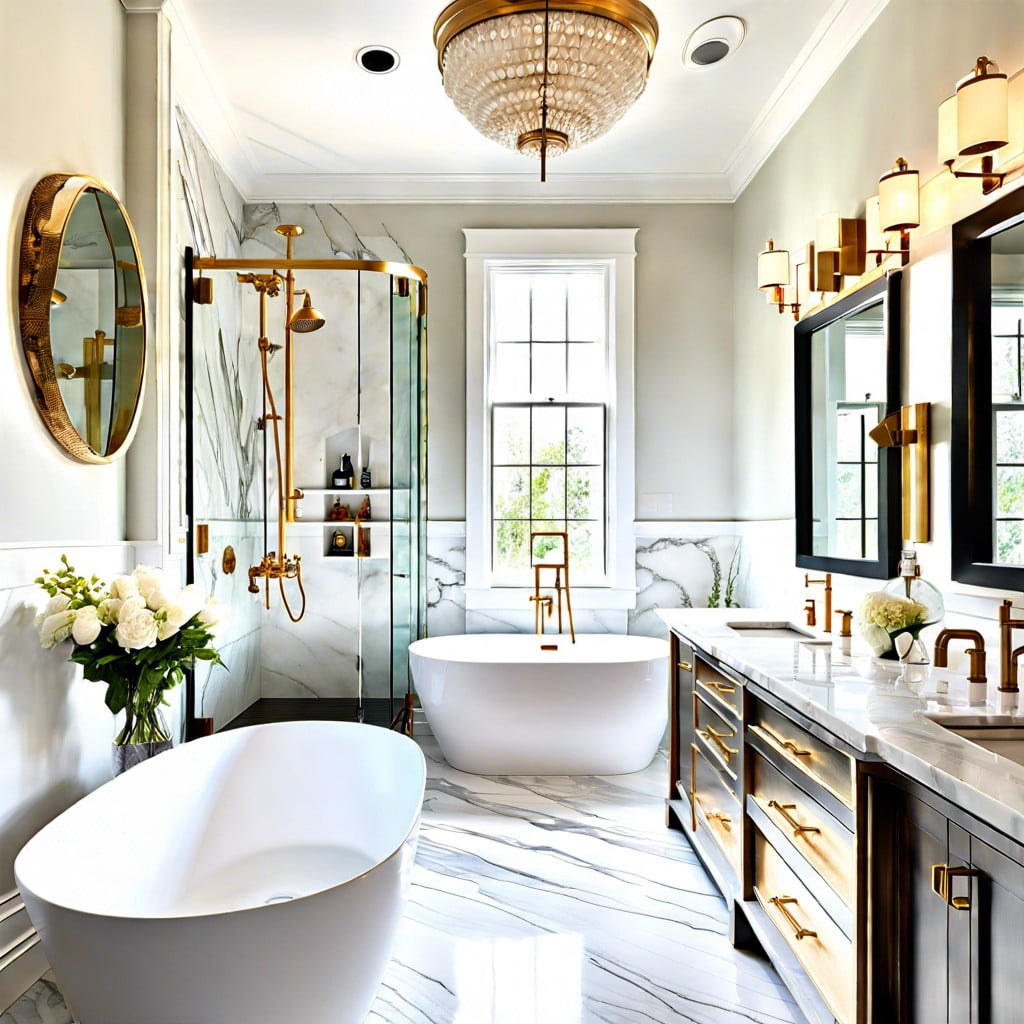 eclectic bathroom design with calacatta gold features