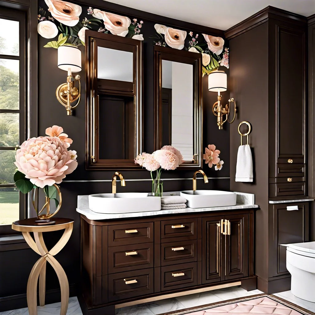 feminine touch to dark brown vanity with floral accents