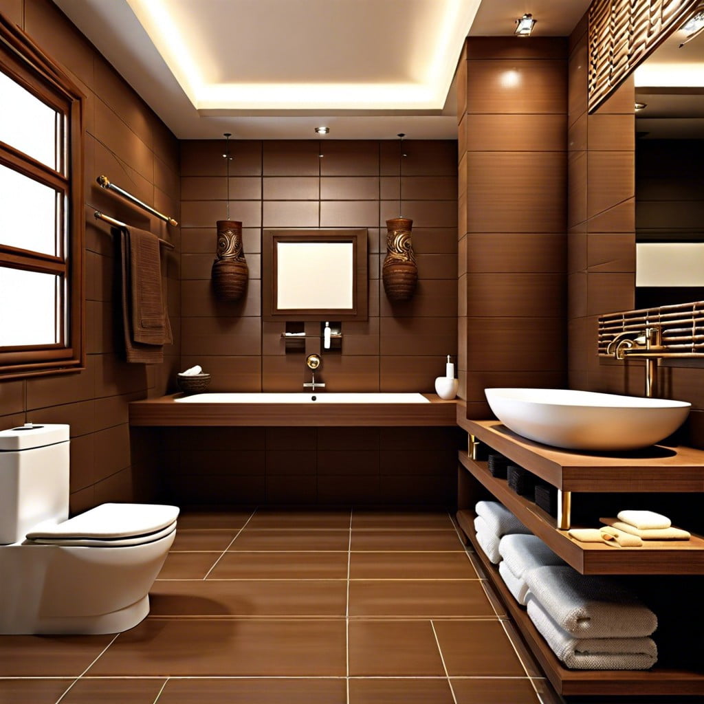 feng shui inspired brown tile bathroom