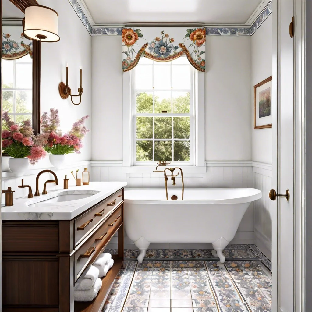 floral patterned tile trim in a ghost white bathroom