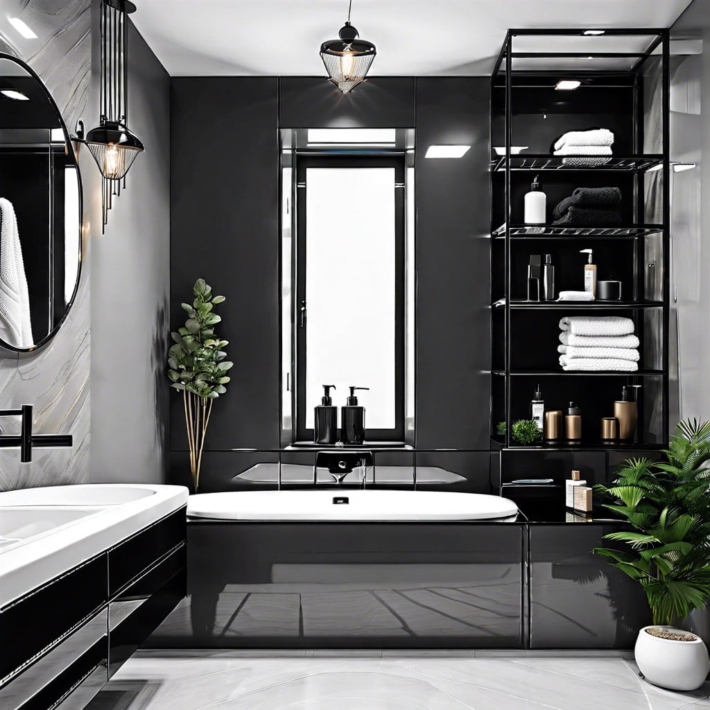 glossy black bathroom shelves