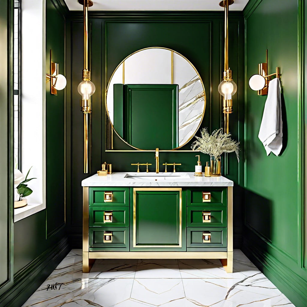 gold fixtures on green vanity