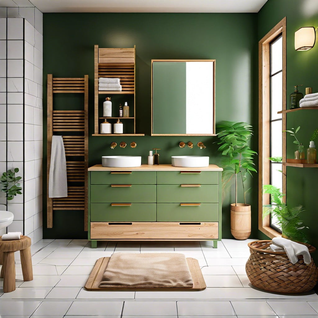 green vanity paired with wood accents
