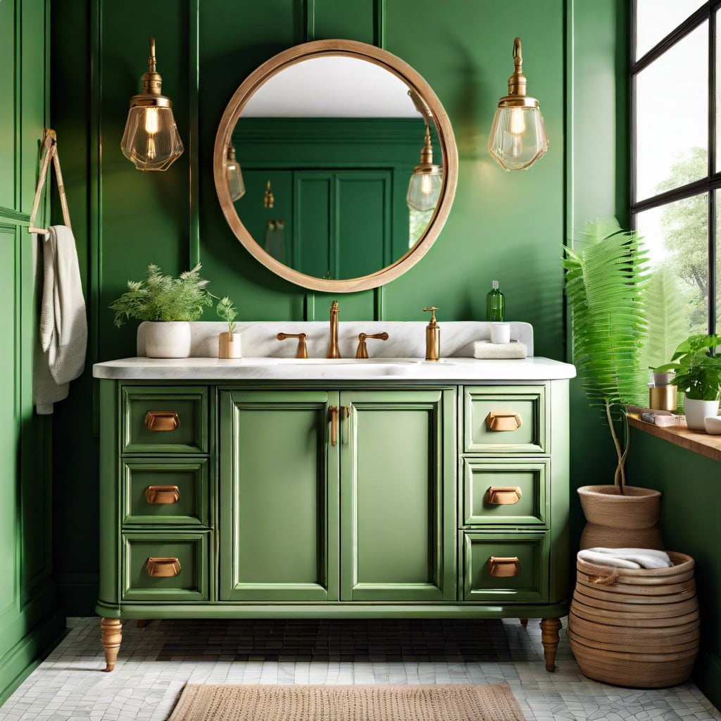 green vanity with a vintage flair