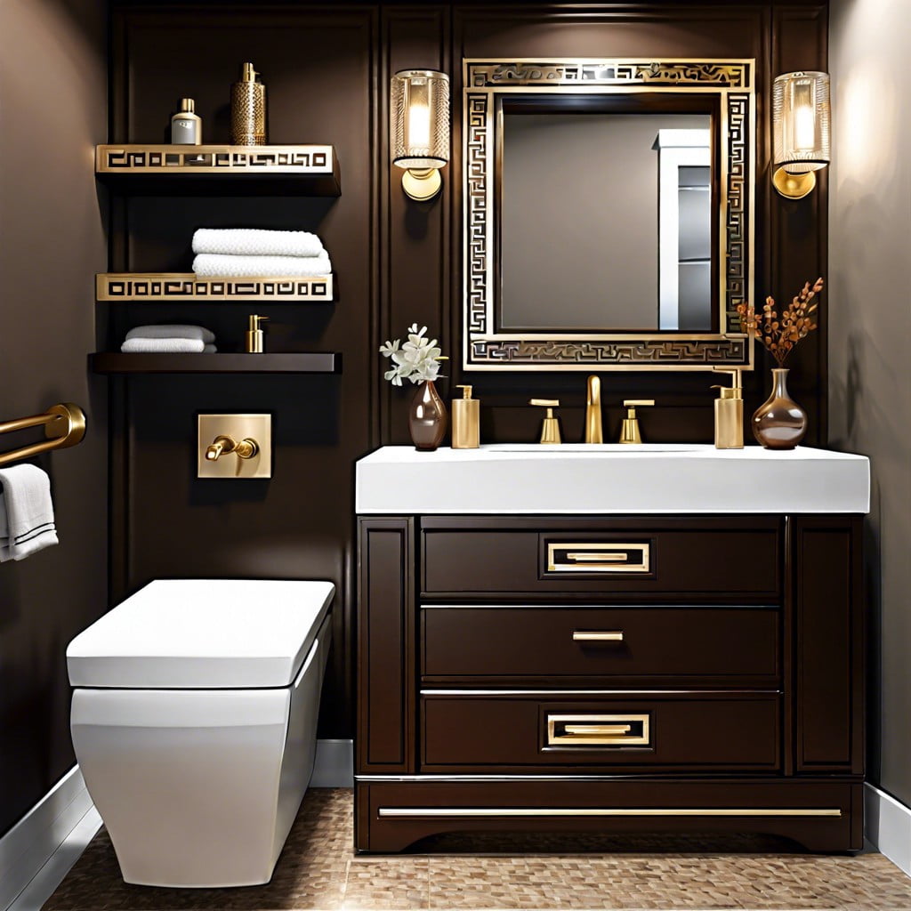 metallic accents with dark brown vanity