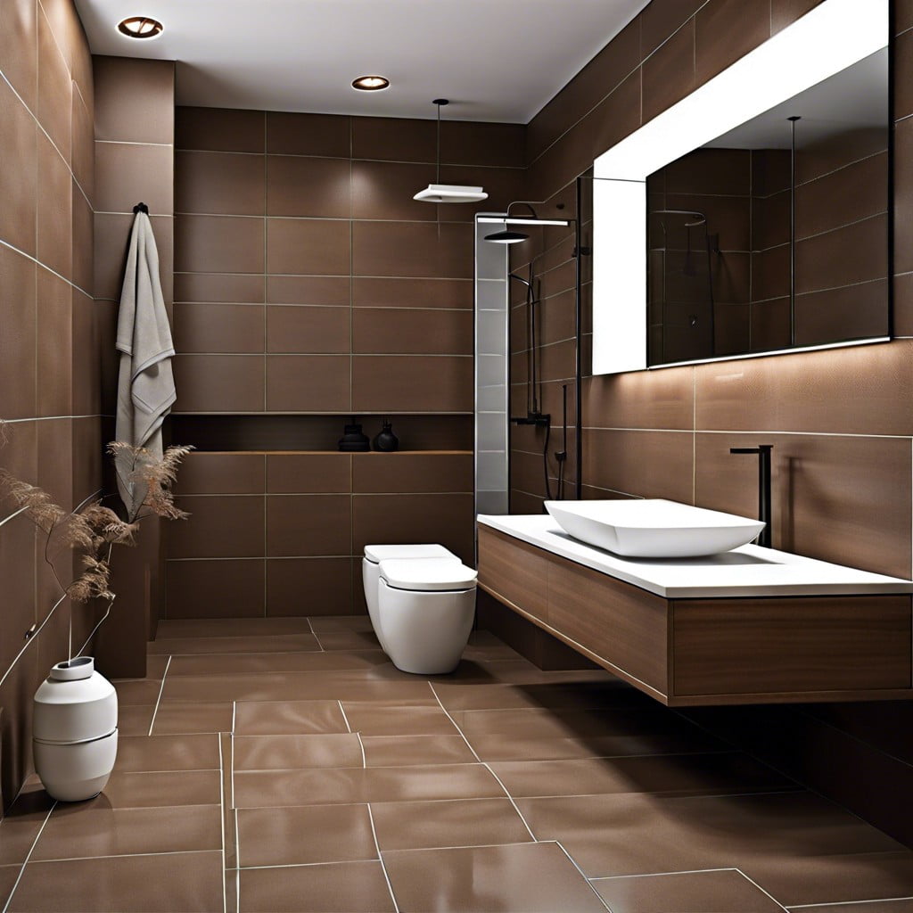 minimalist brown tile bathroom