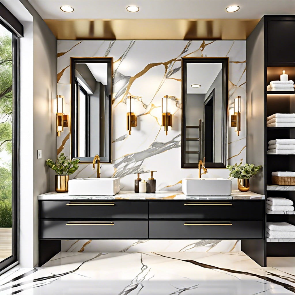 modern bathroom with calacatta gold counter tops