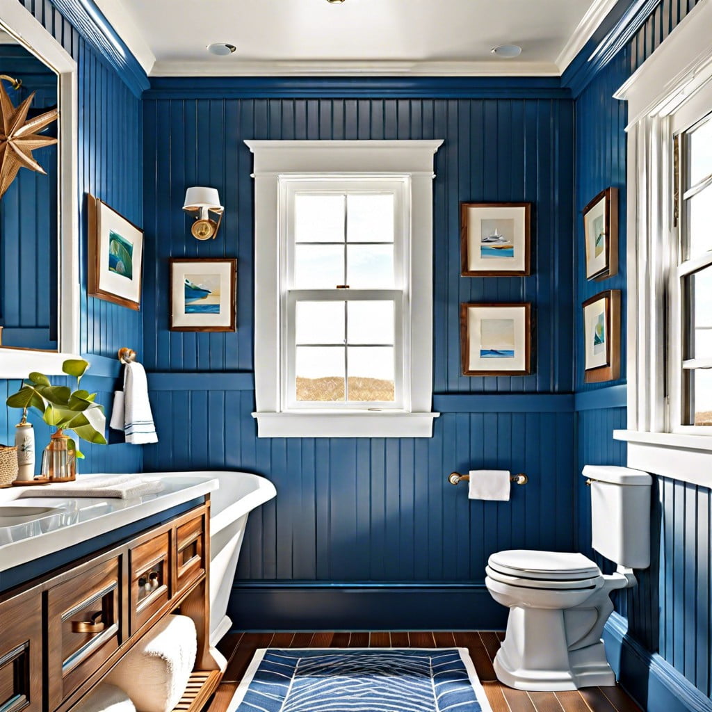 nautical blue trim in beach style bathroom