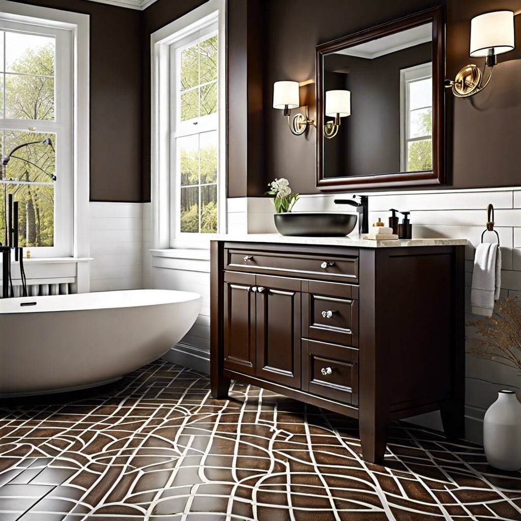 pair dark brown vanity with patterned flooring