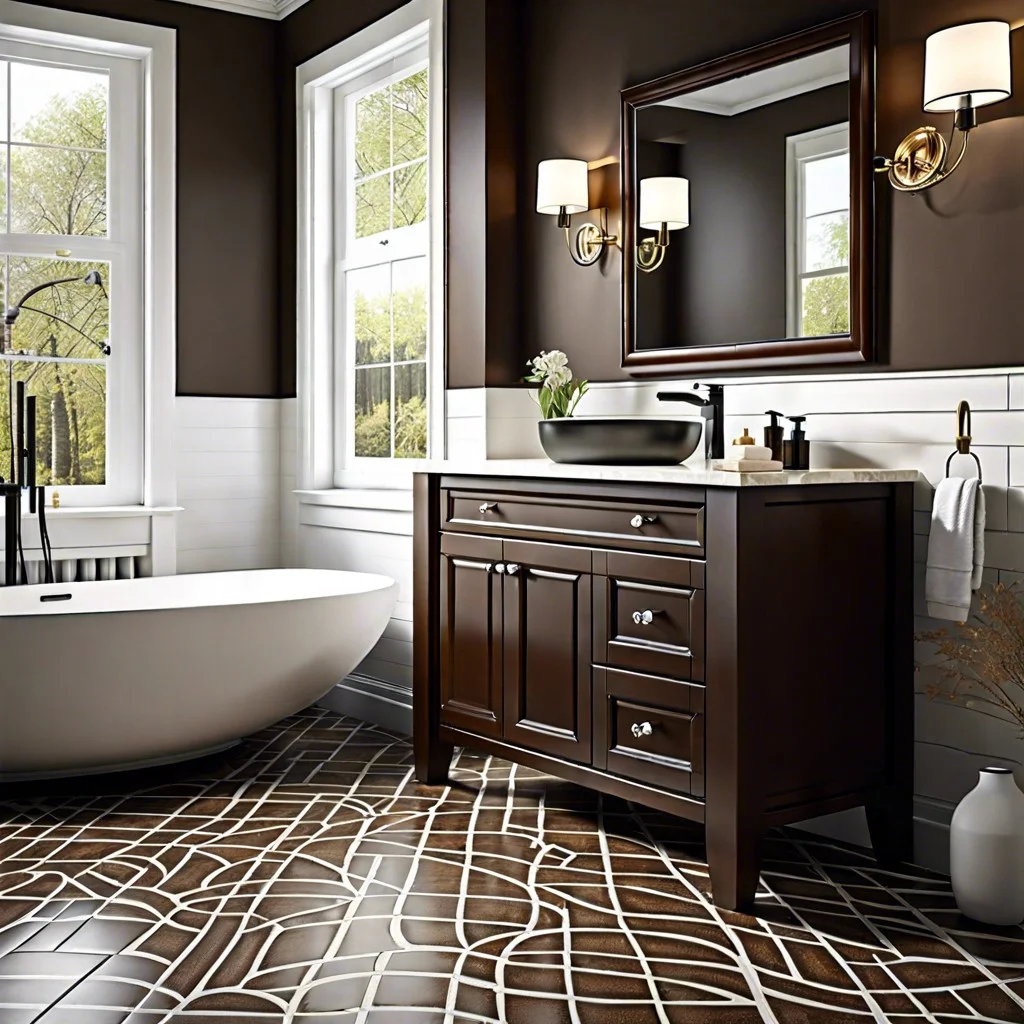 pair dark brown vanity with patterned flooring
