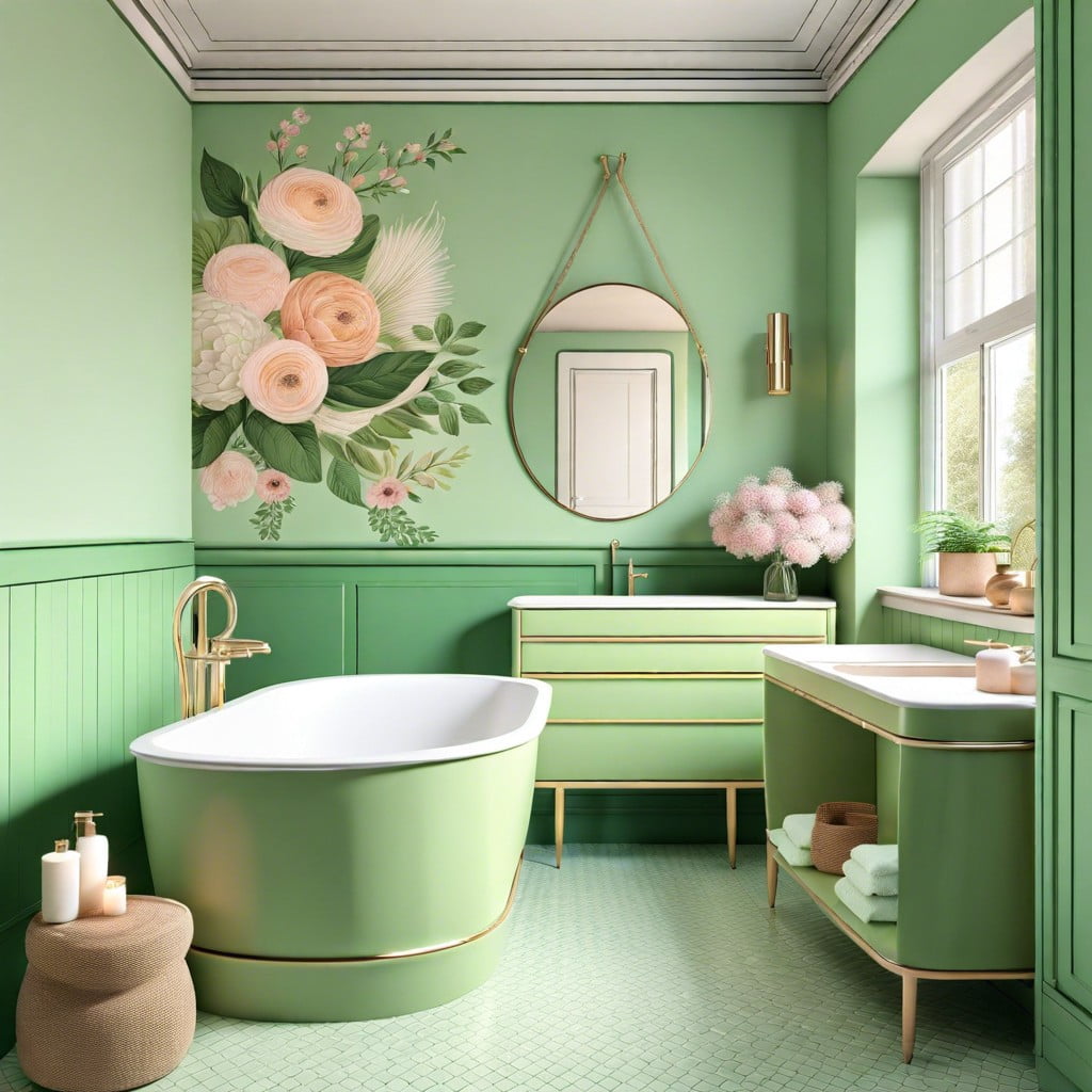 pastel green bathroom with floral accents