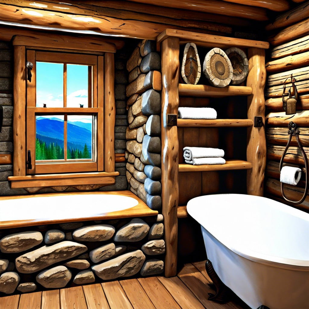rustic stone trim in log cabin bathroom