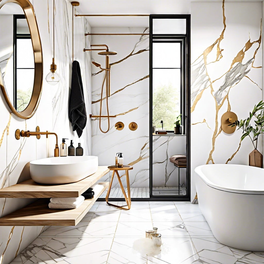 scandinavian bathroom featuring calacatta gold
