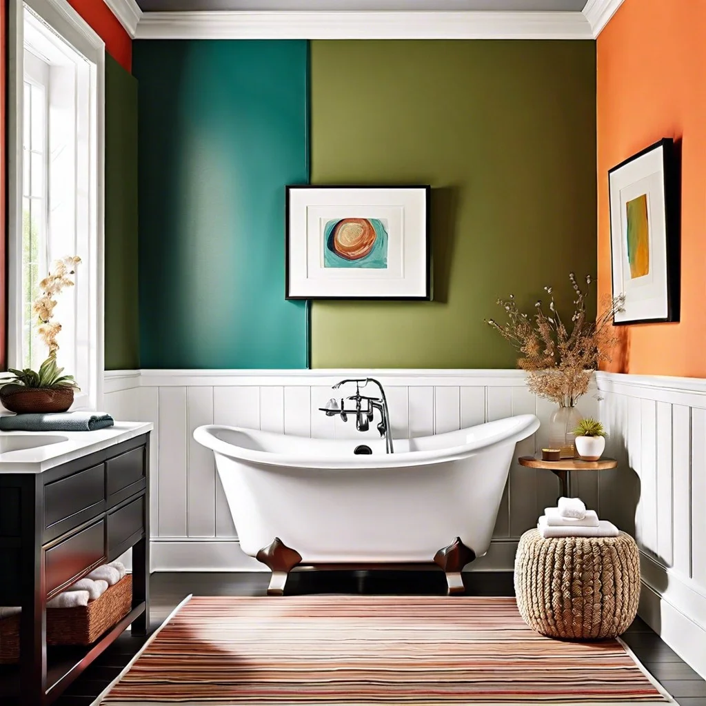 simple white trim framing colorful bathroom walls