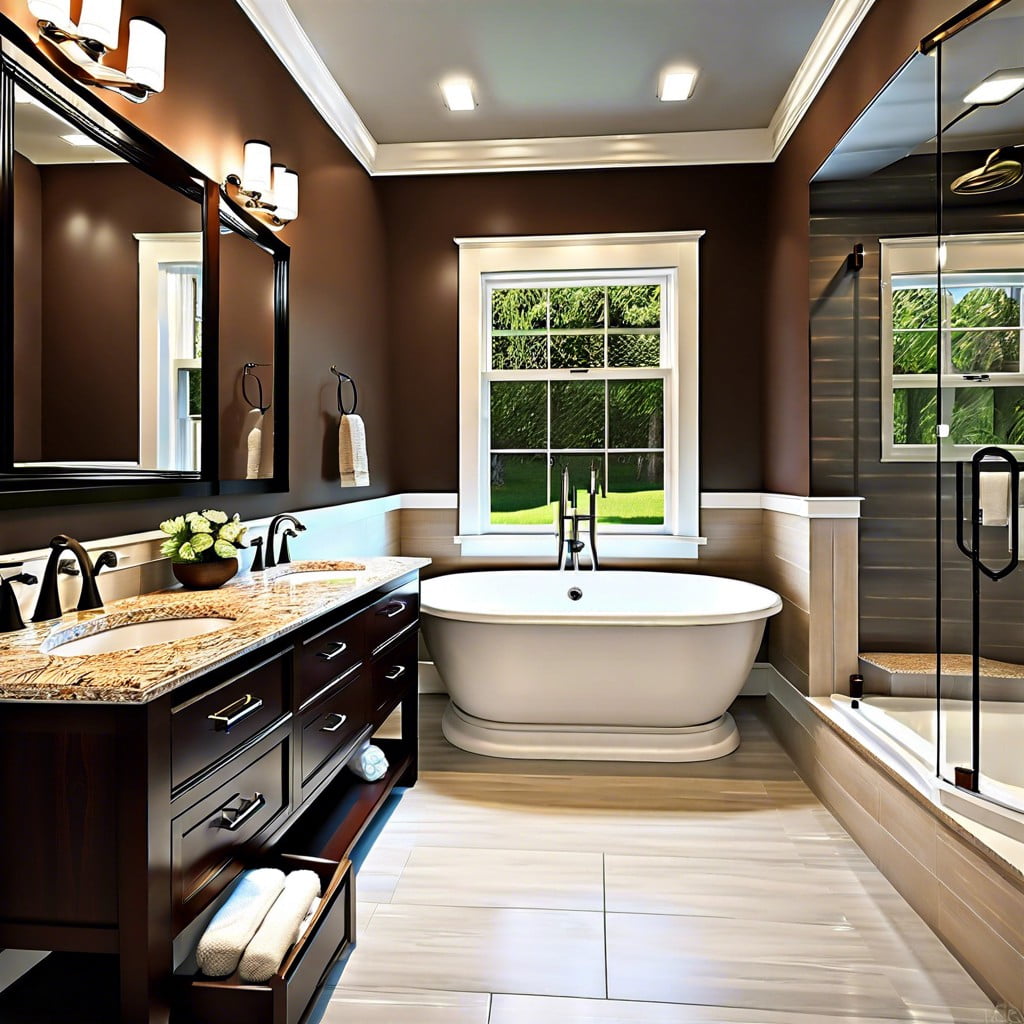 skylight view over dark brown vanity