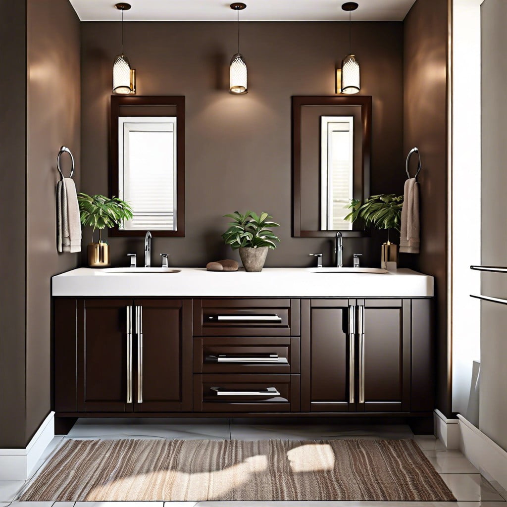 sleek modern aesthetic with dark brown vanity