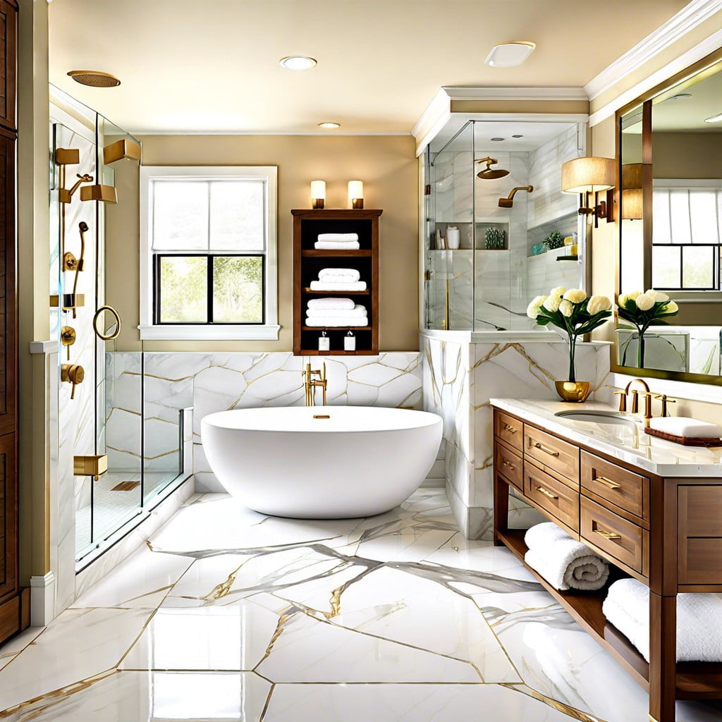 spa inspired bathroom with calacatta gold tiles