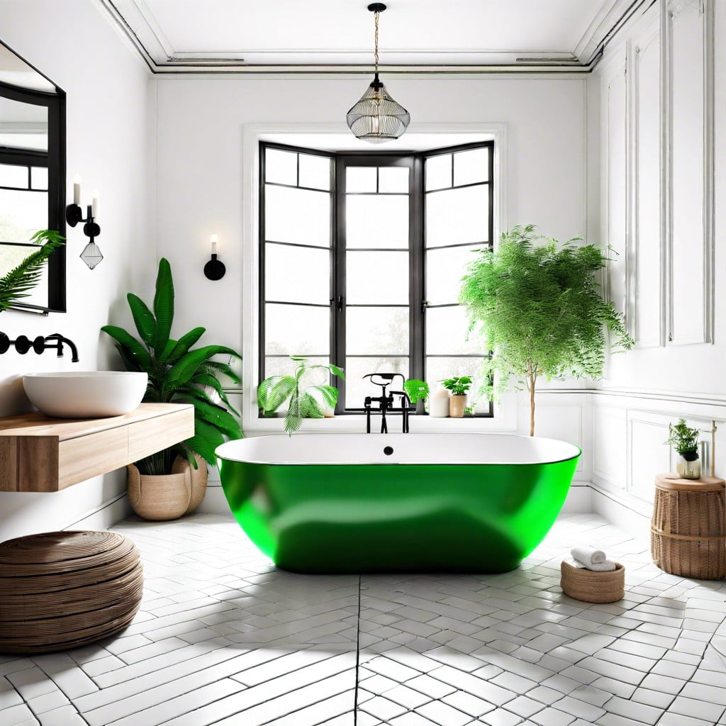 statement green bathtub in an all white bathroom