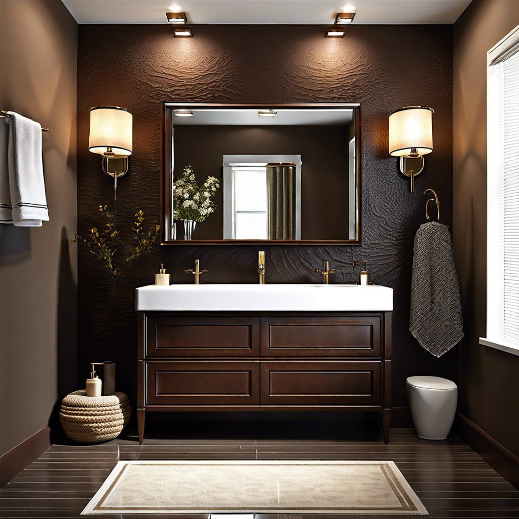 textured walls paired with dark brown vanity