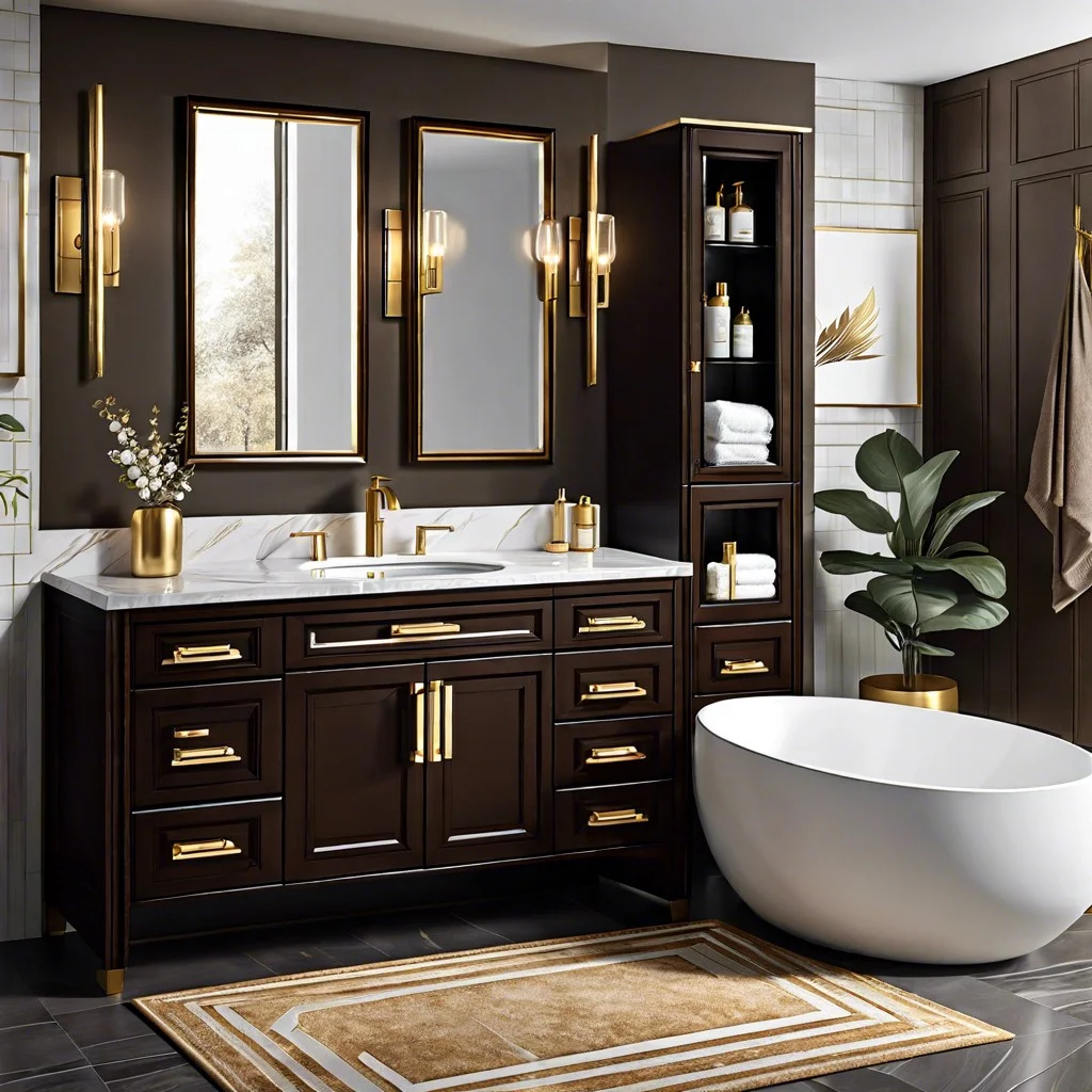 the luxury of gold hardware and dark brown vanity
