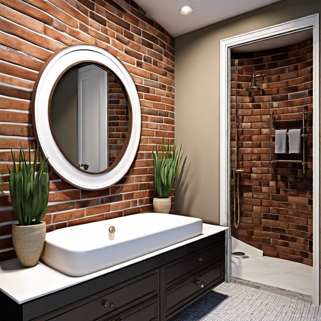 using outdoor trim material like brick inside the bathroom