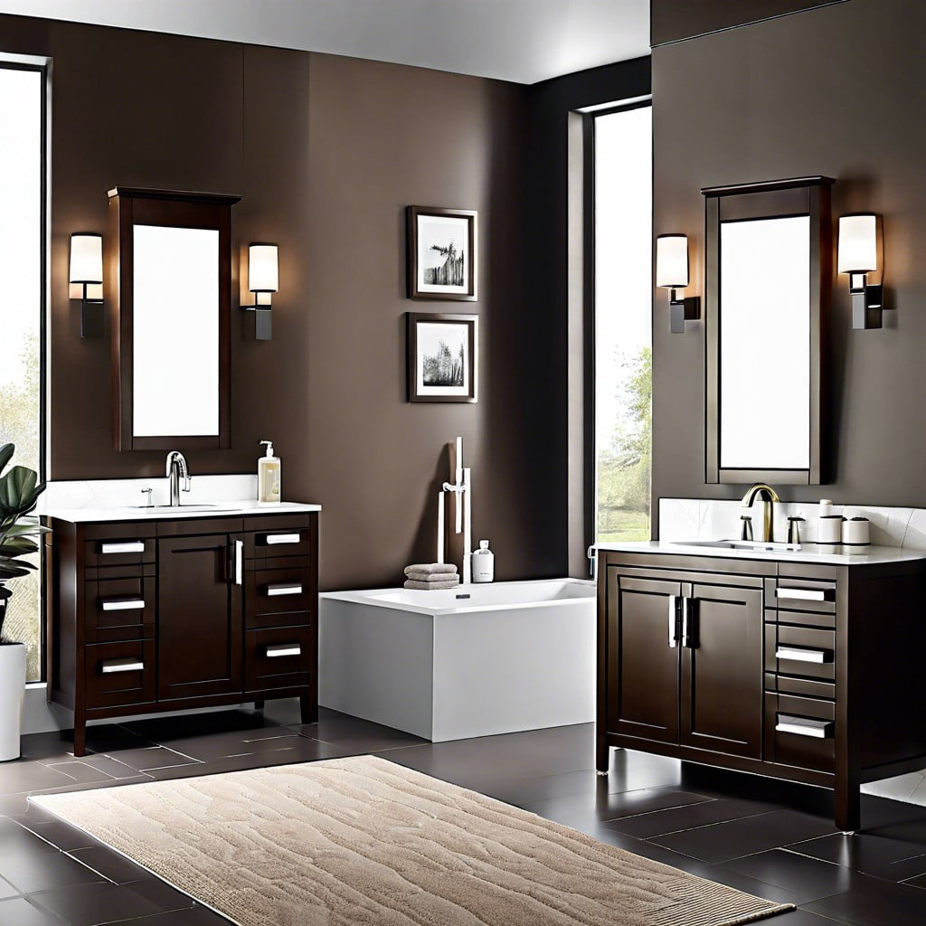 white fixtures contrast with dark brown vanity