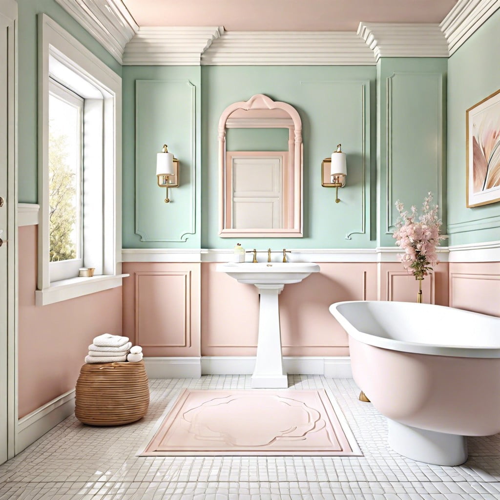 white trim on pastel walls for a soft bathroom look
