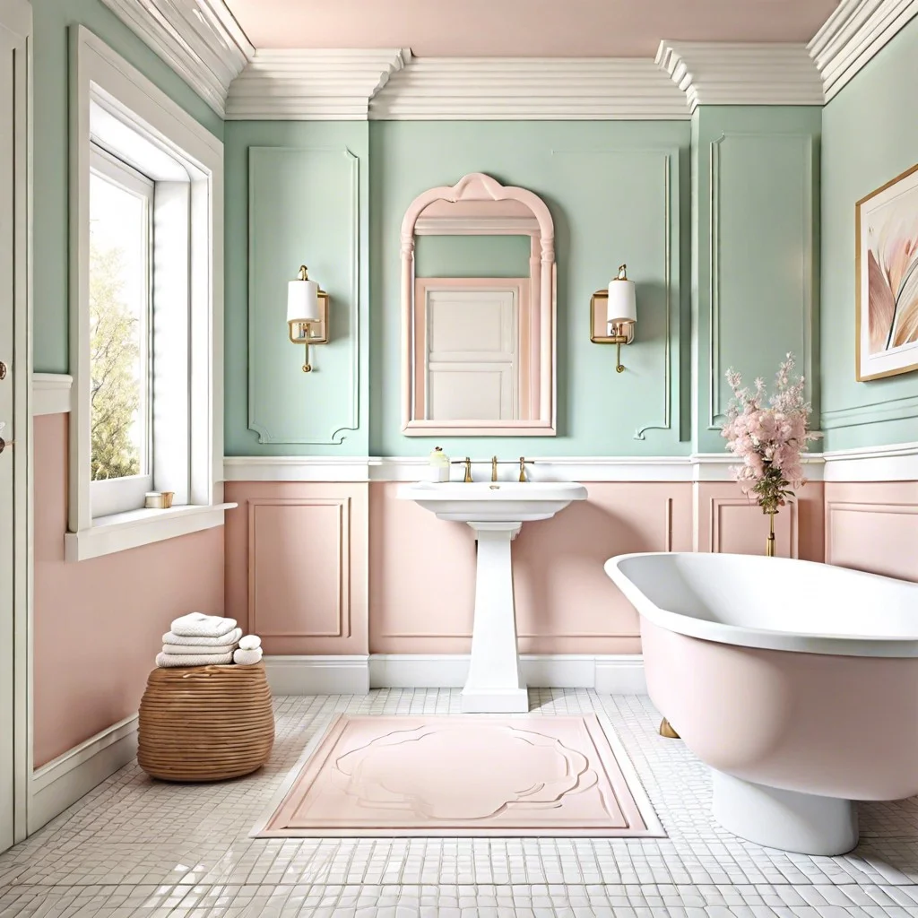 white trim on pastel walls for a soft bathroom look