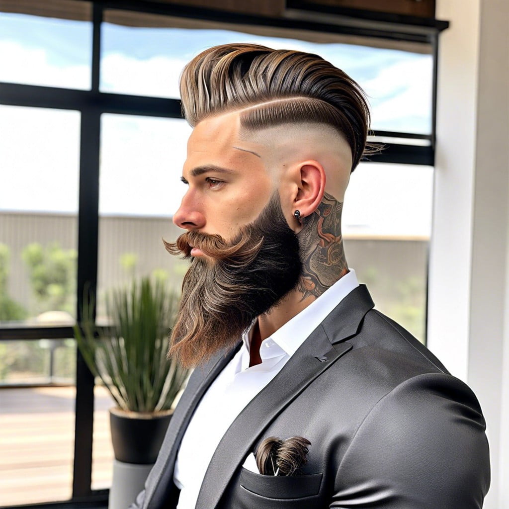 13 long swept back hair with low fade and disconnected beard