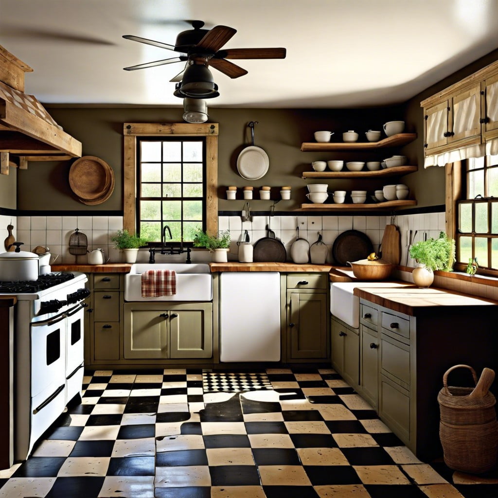 checkerboard floors in a farmhouse kitchen