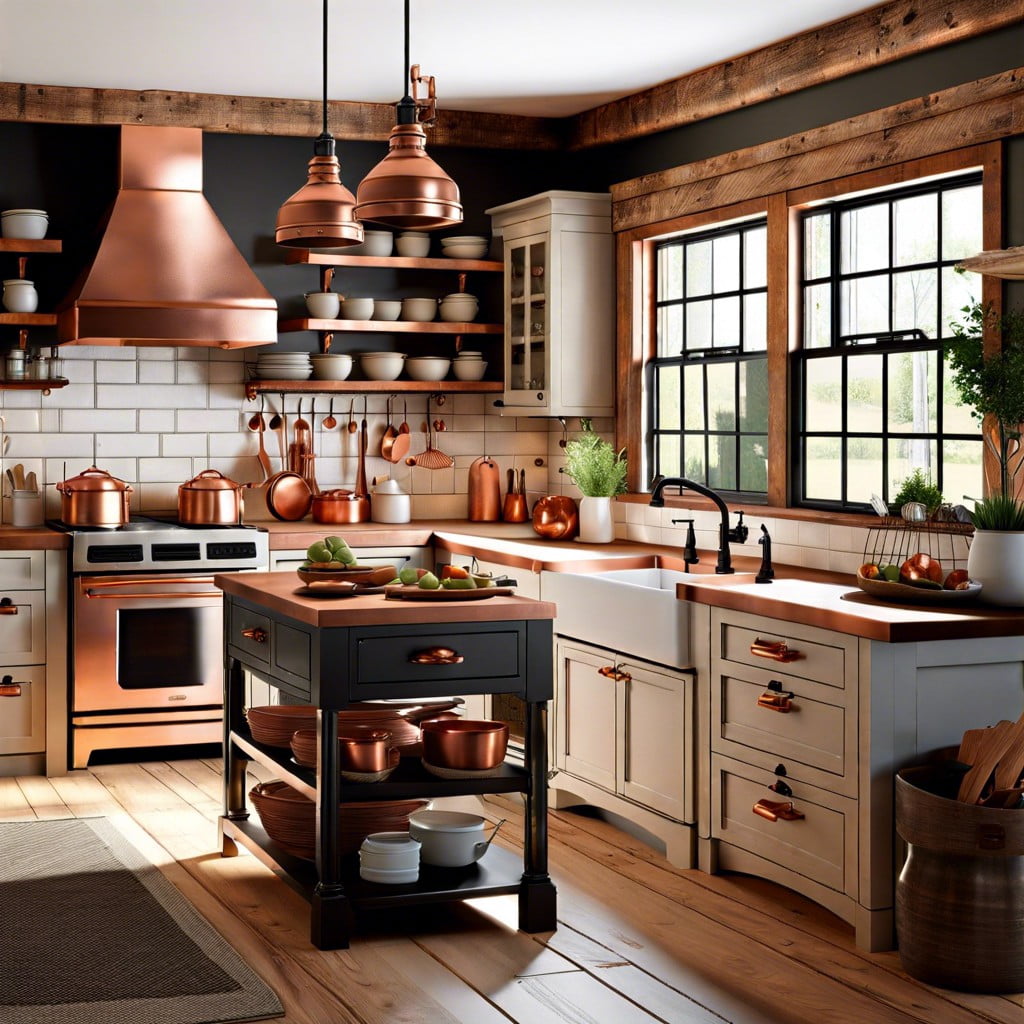 copper accents in a farmhouse kitchen