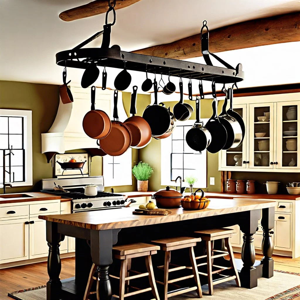 farmhouse kitchen with a pot rack above the island