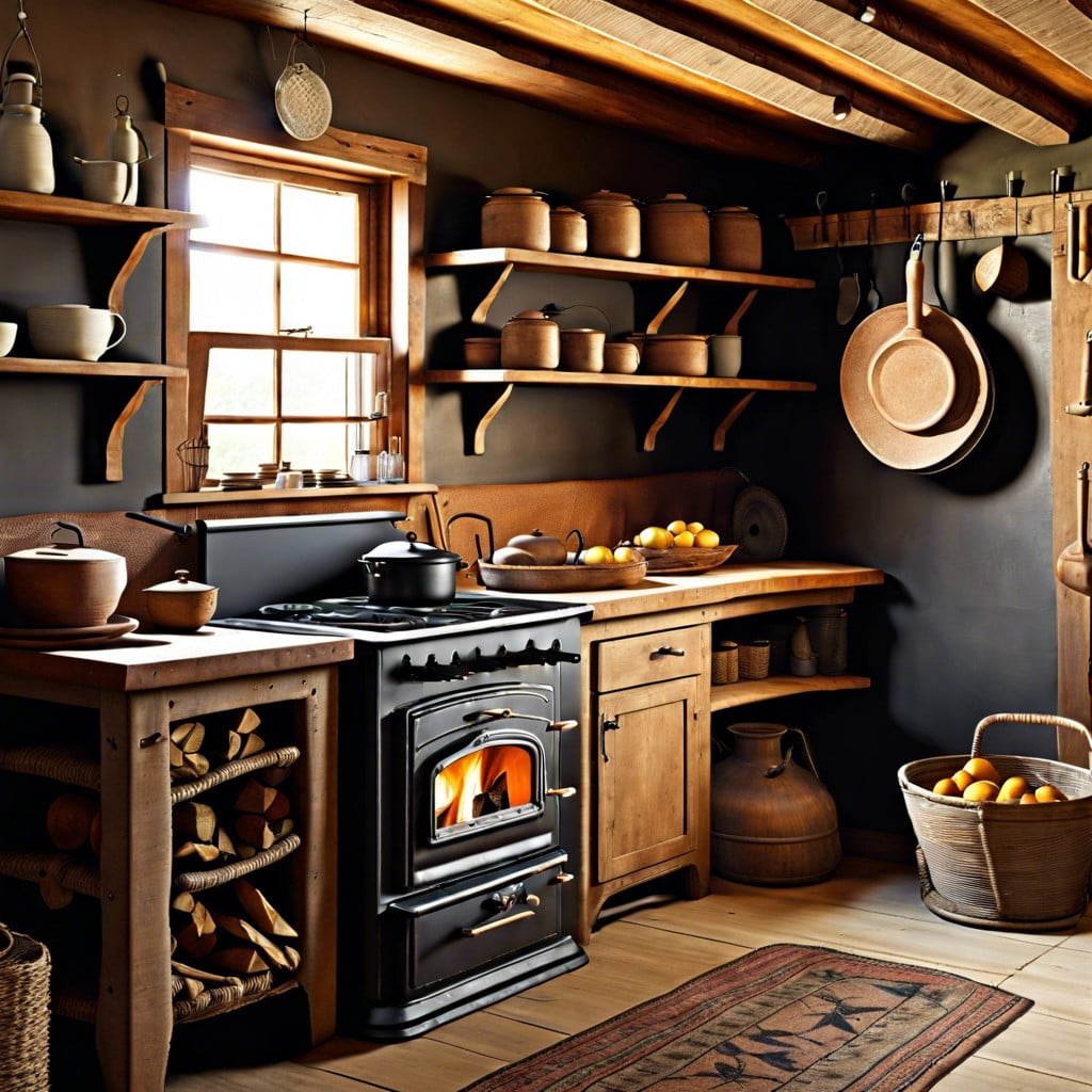 farmhouse kitchen with a wood burning stove