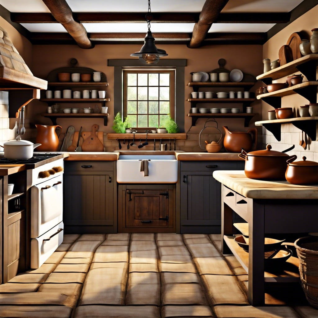 primitive farmhouse kitchen with a hearth