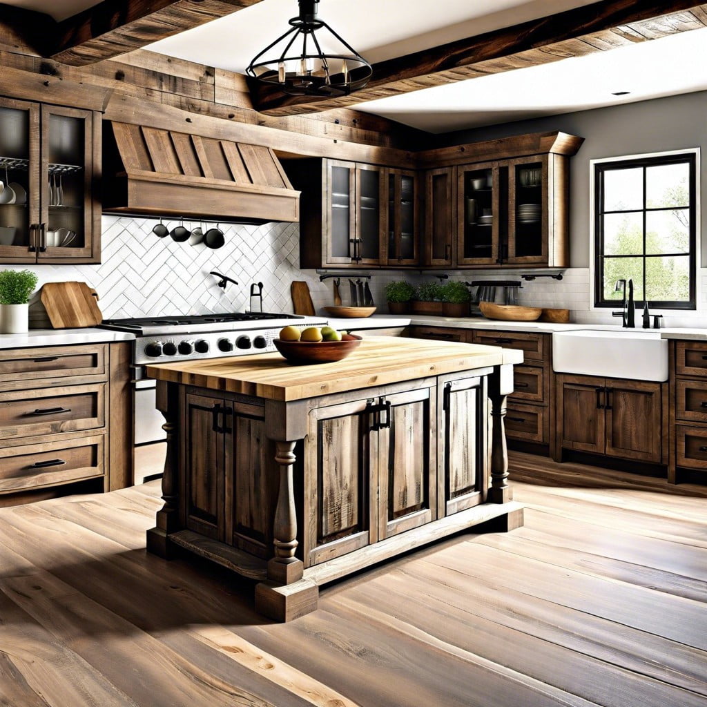 weathered wood cabinets in a farmhouse kitchen