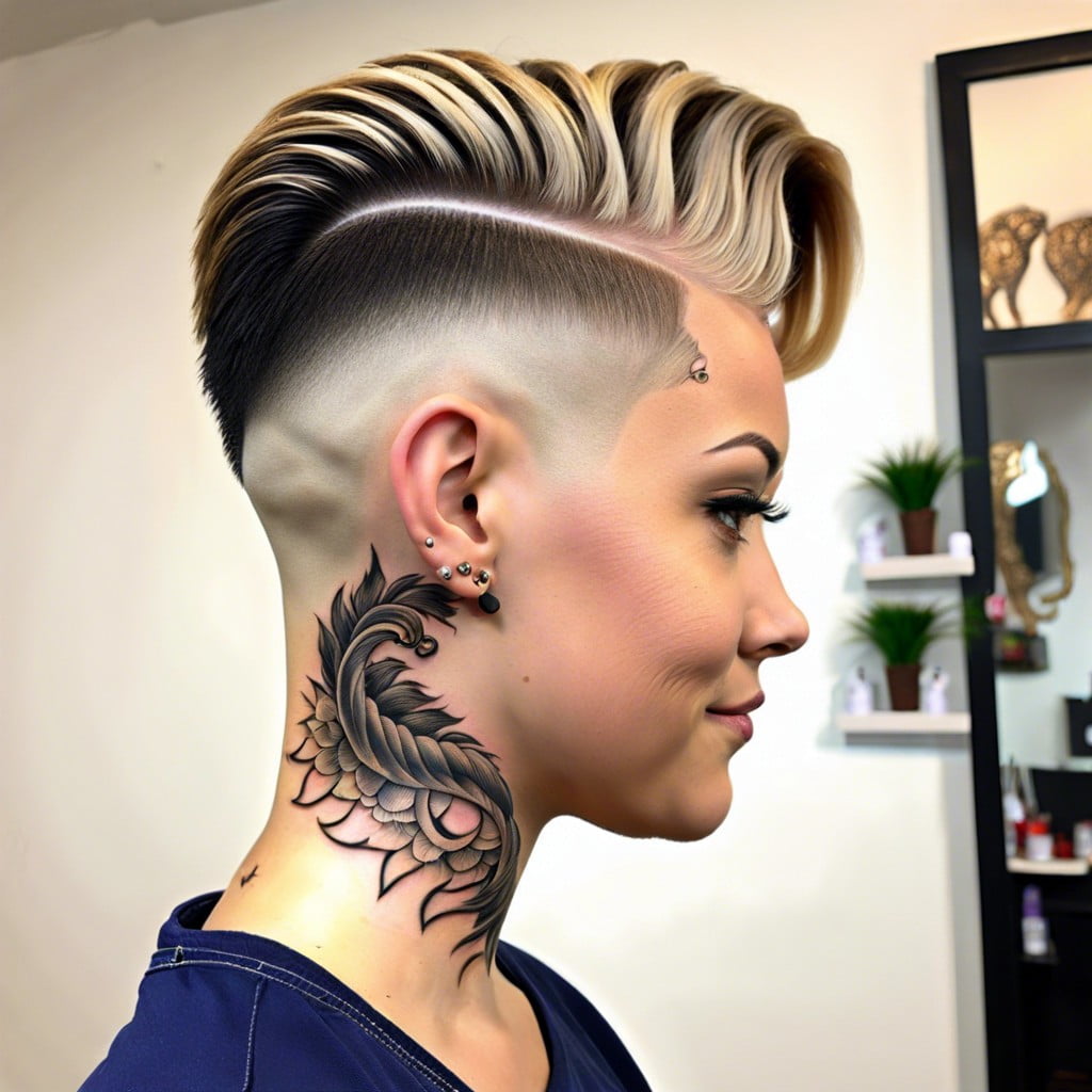 angled cuts with miniature hair tattoo on side