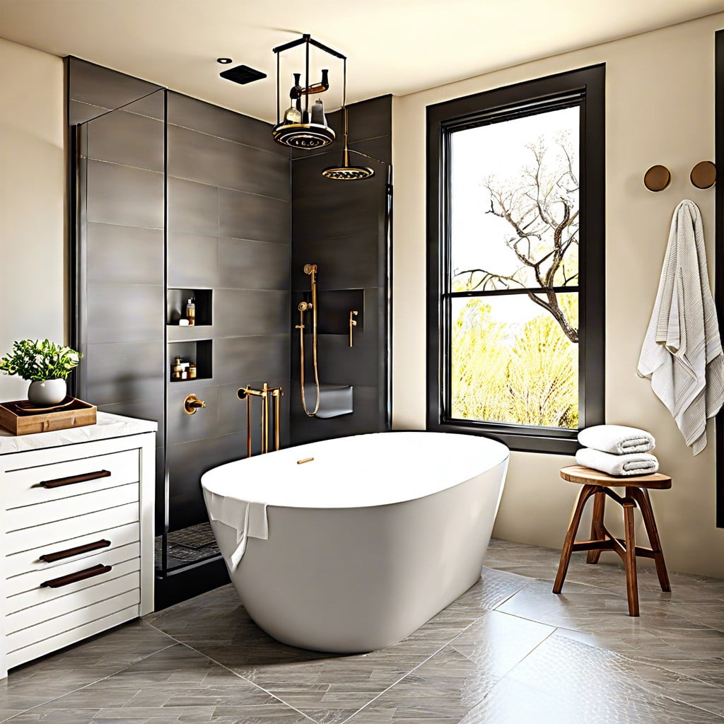 combine a curbless shower with a freestanding tub