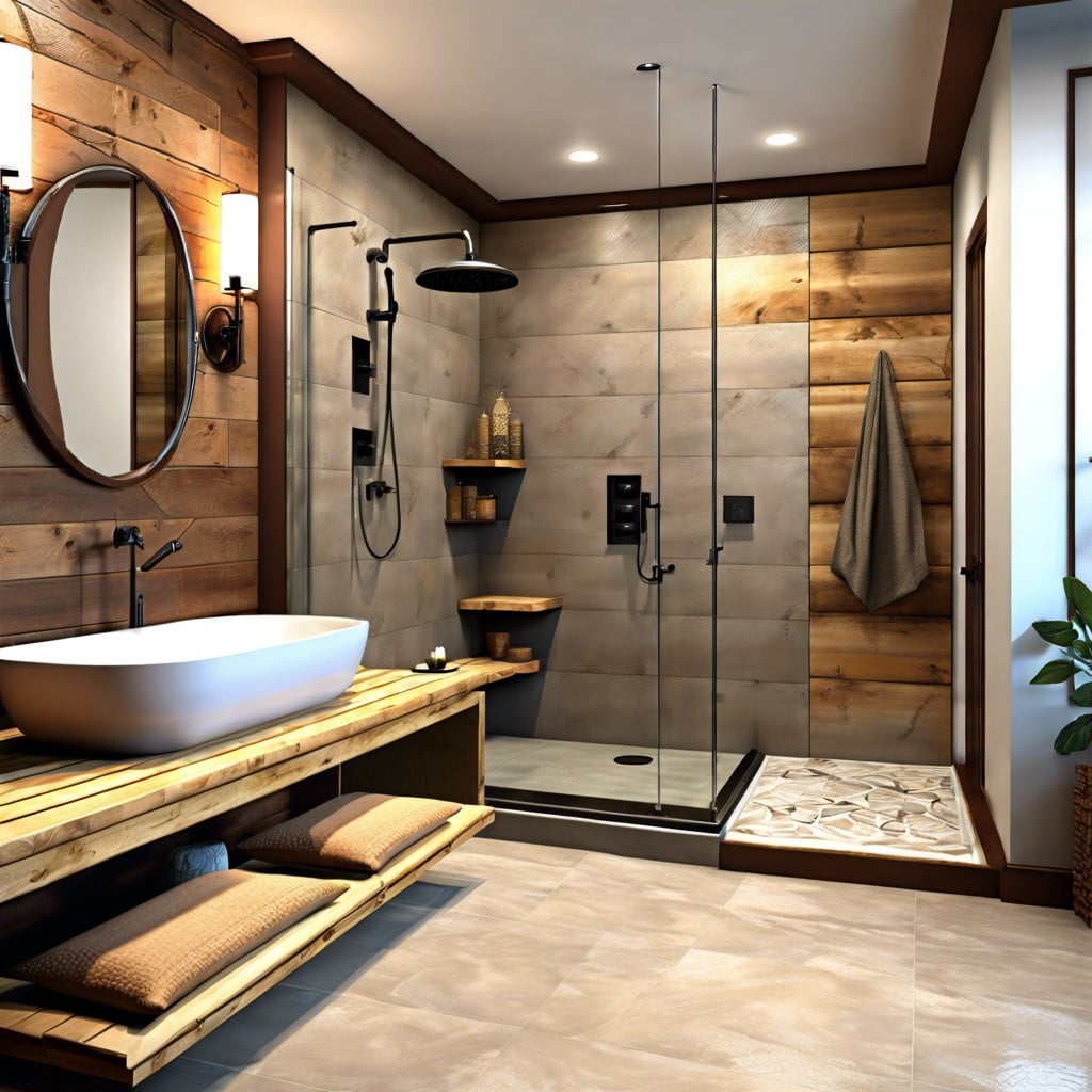 combine a rustic theme with a curbless shower