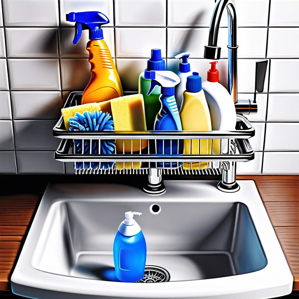 organize cleaning supplies on a tension rod under the sink
