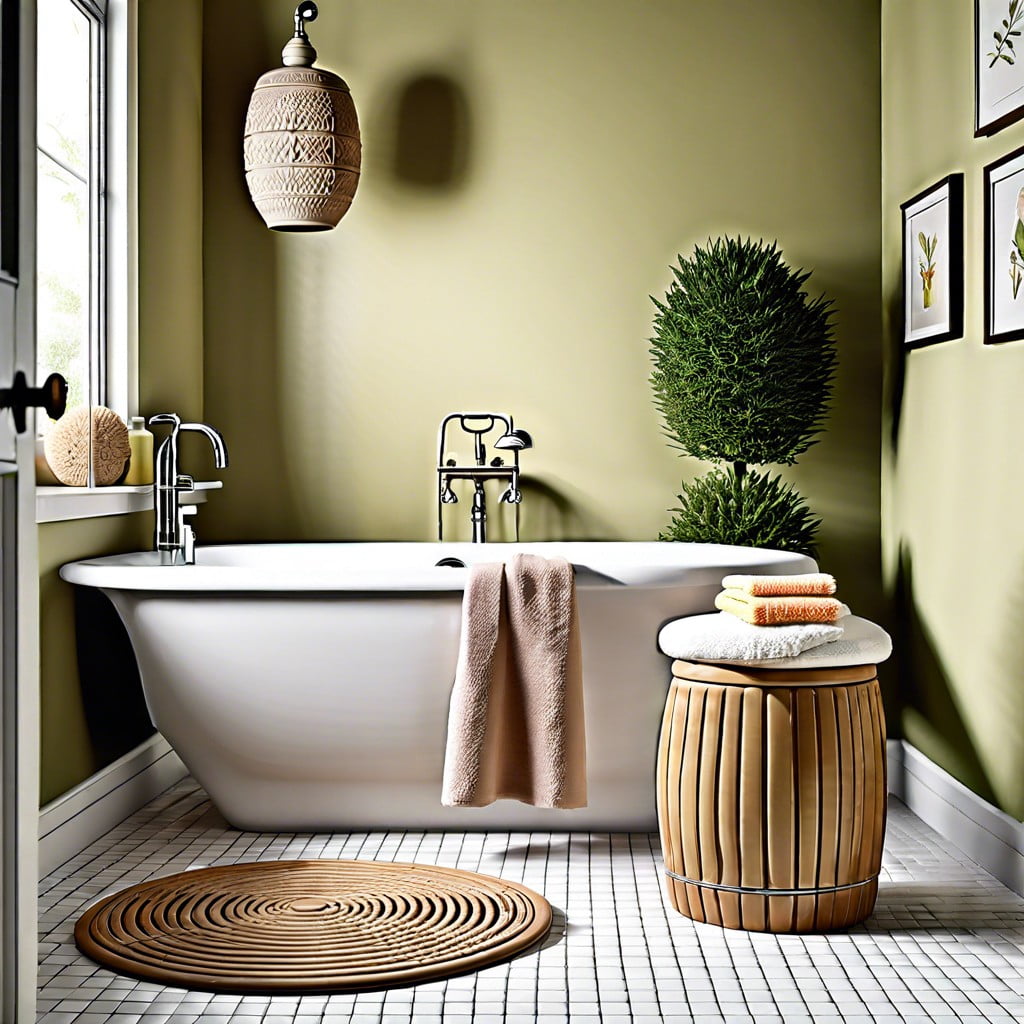 place a ceramic garden stool to hold bath items and double as seating