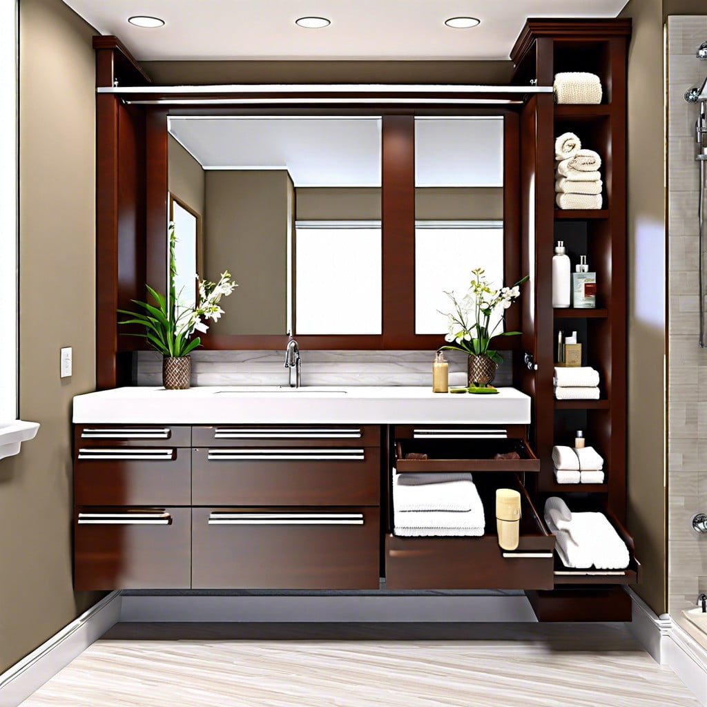 place a narrow slide out rack between the vanity and wall for hidden storage