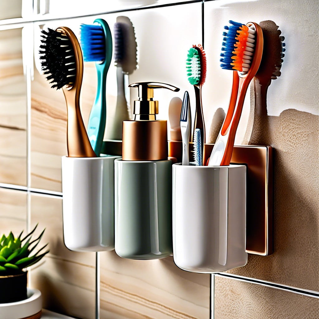 use a toothbrush holder that mounts to the wall to save counter space