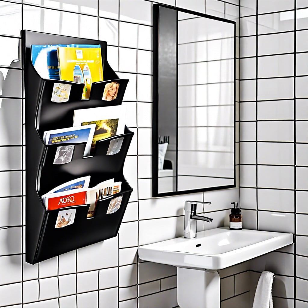 use a wall mounted file holder to store magazines and reading material