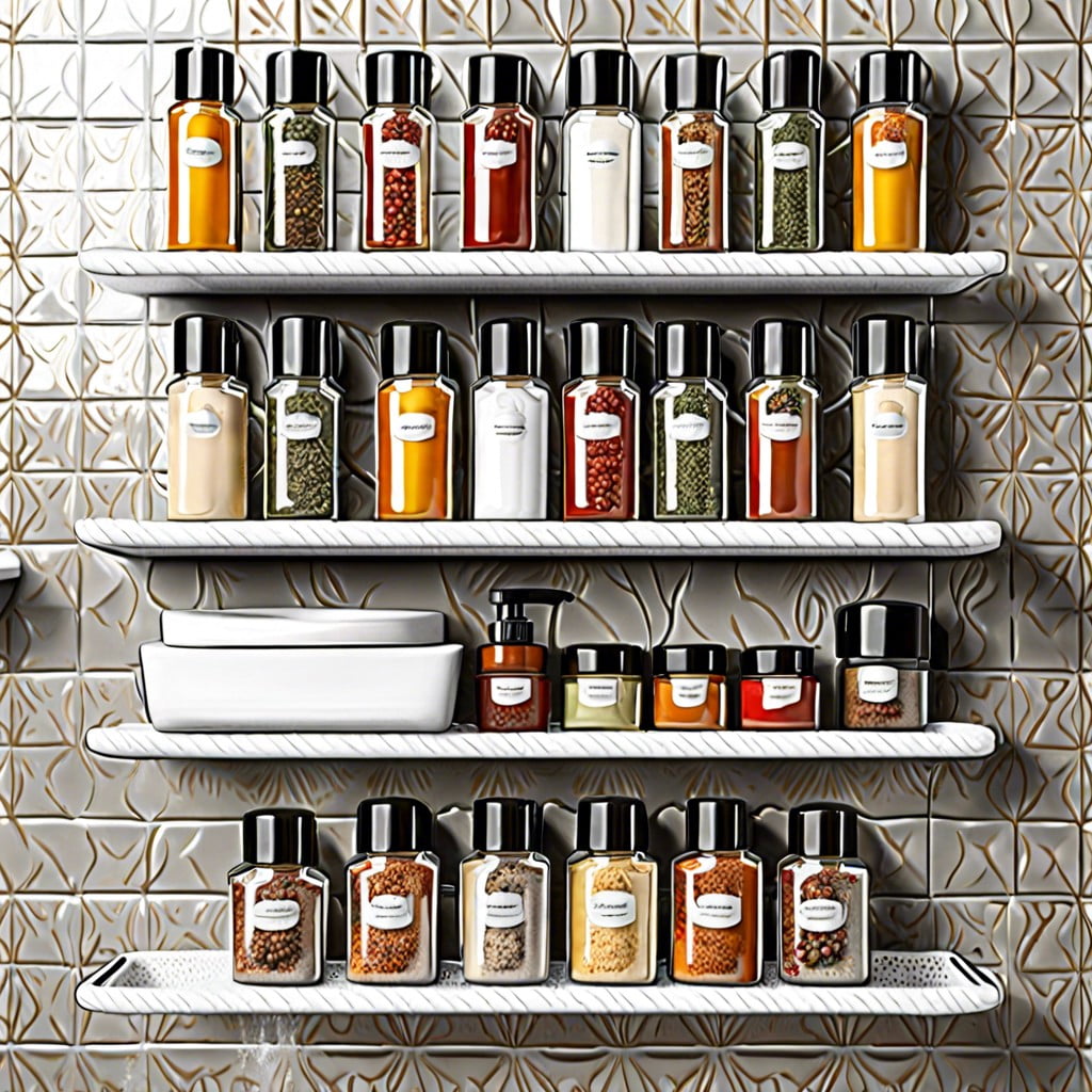 use spice racks to hold small bottles and skincare products