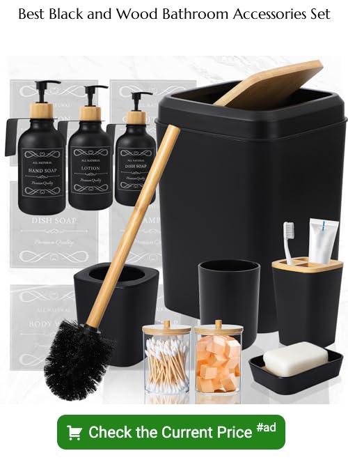 black and wood bathroom accessories set