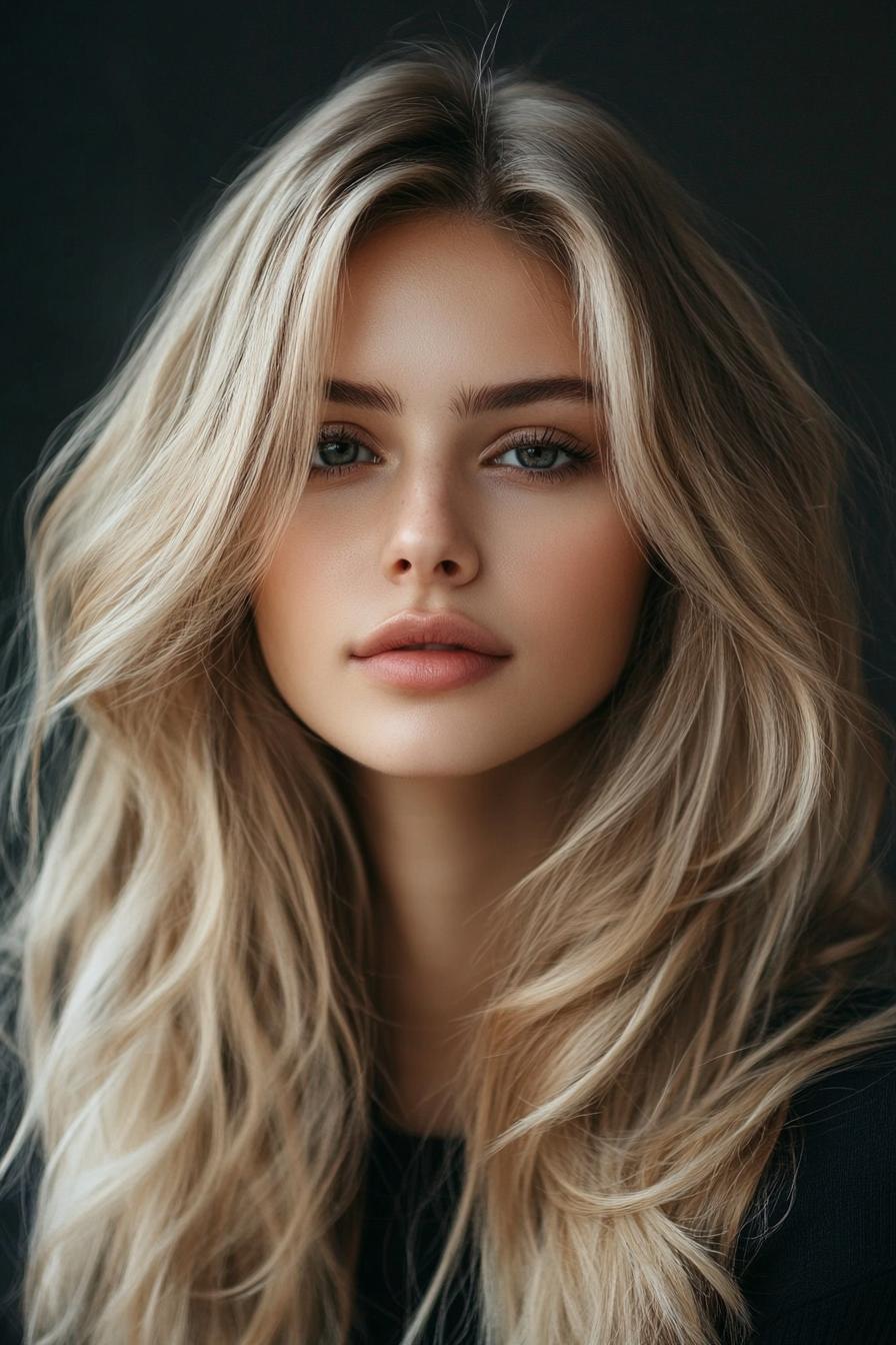 photo portrait of a beautiful young woman with long layered dirty blond hairstyle in hair salon 1