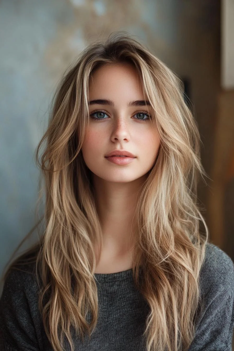 photo portrait of a beautiful young woman with long layered dirty blond hairstyle in hair salon 2