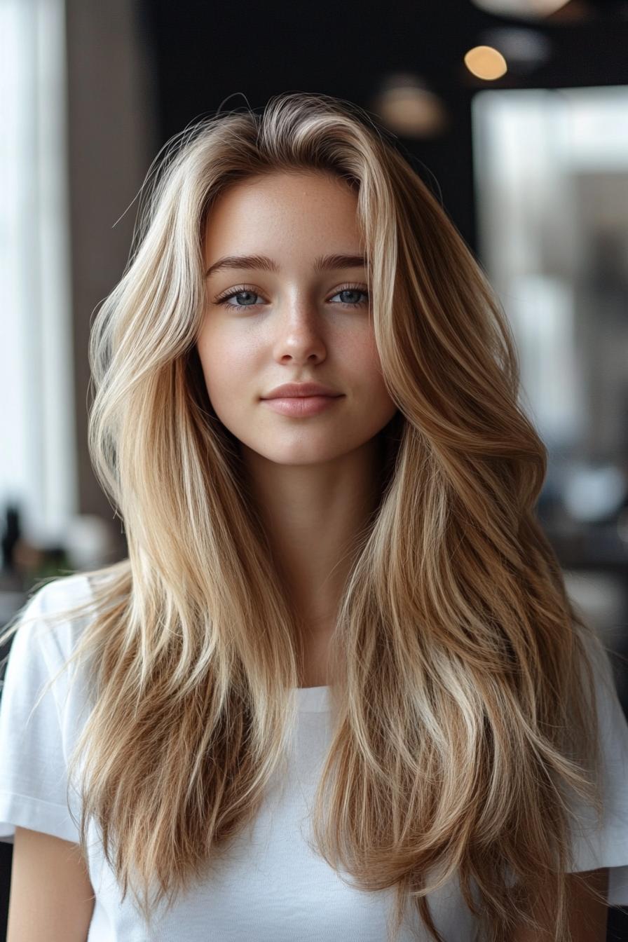 photo portrait of a beautiful young woman with long layered dirty blond hairstyle in hair salon