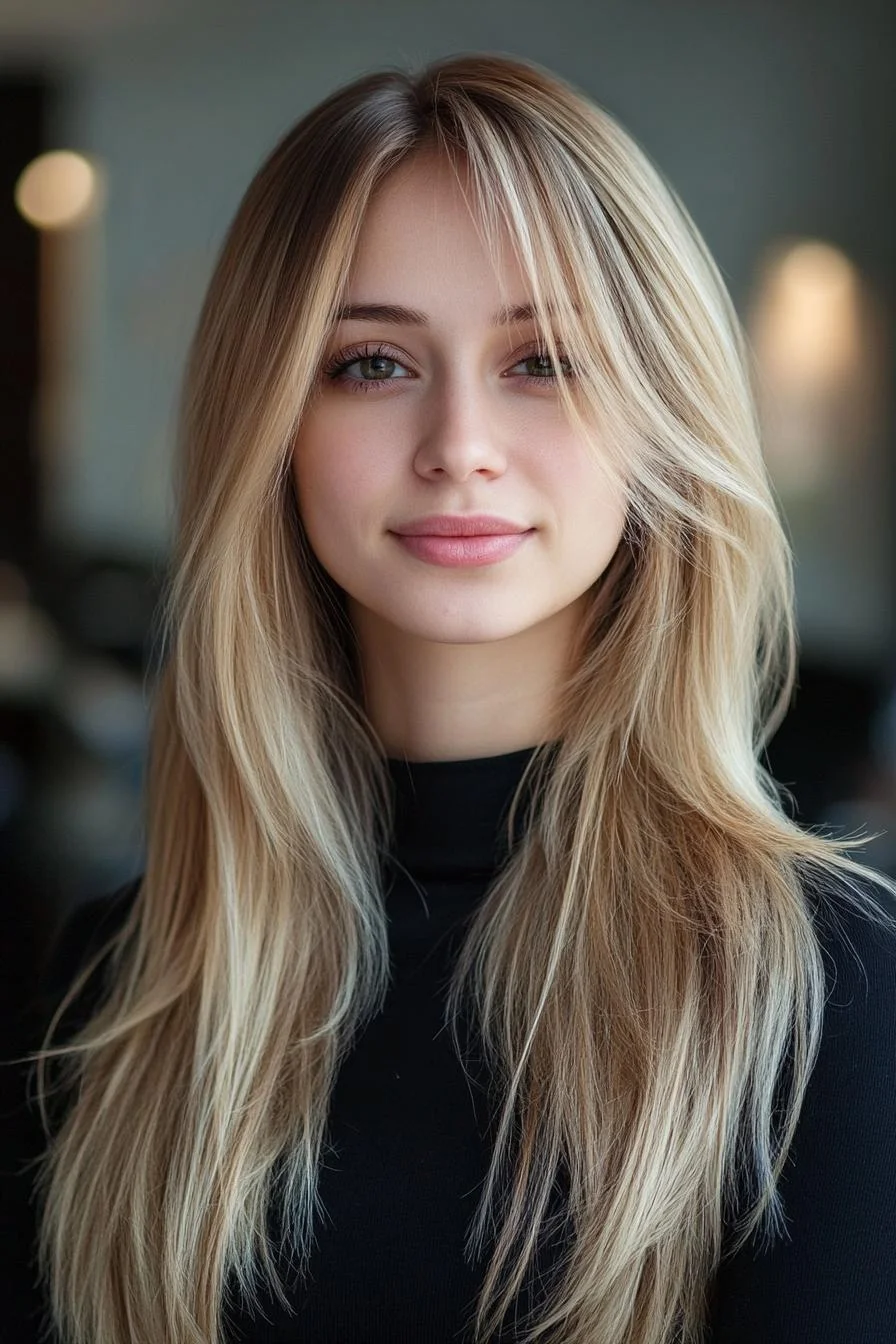 photo portrait of a beautiful young woman with long layered blond hairstyle with curtain fringe in a hair salon